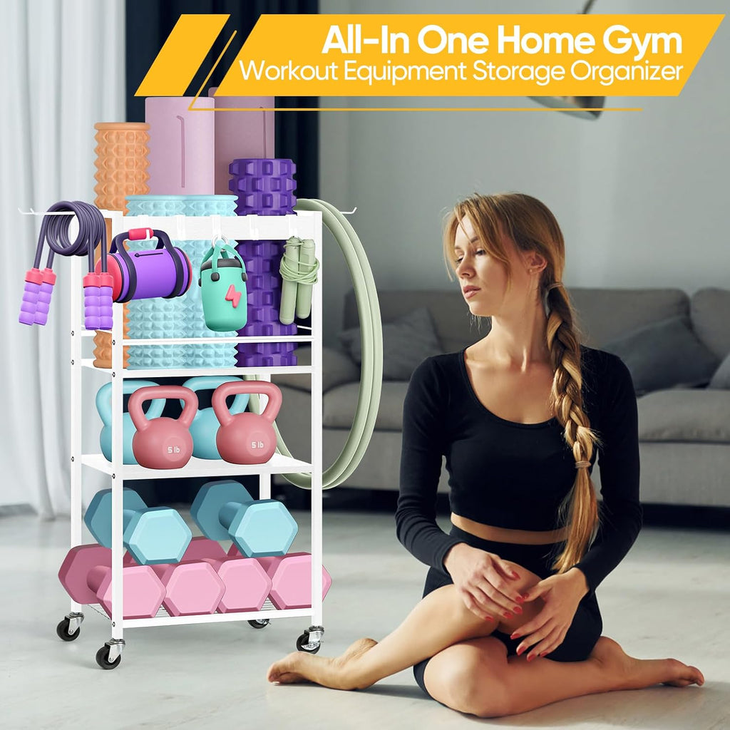 Rolling Home Gym Storage Rack with Hooks