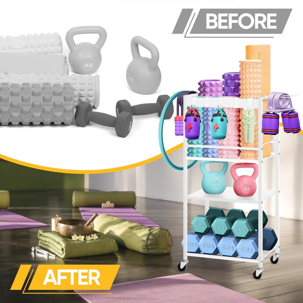 Rolling Home Gym Storage Rack with Hooks