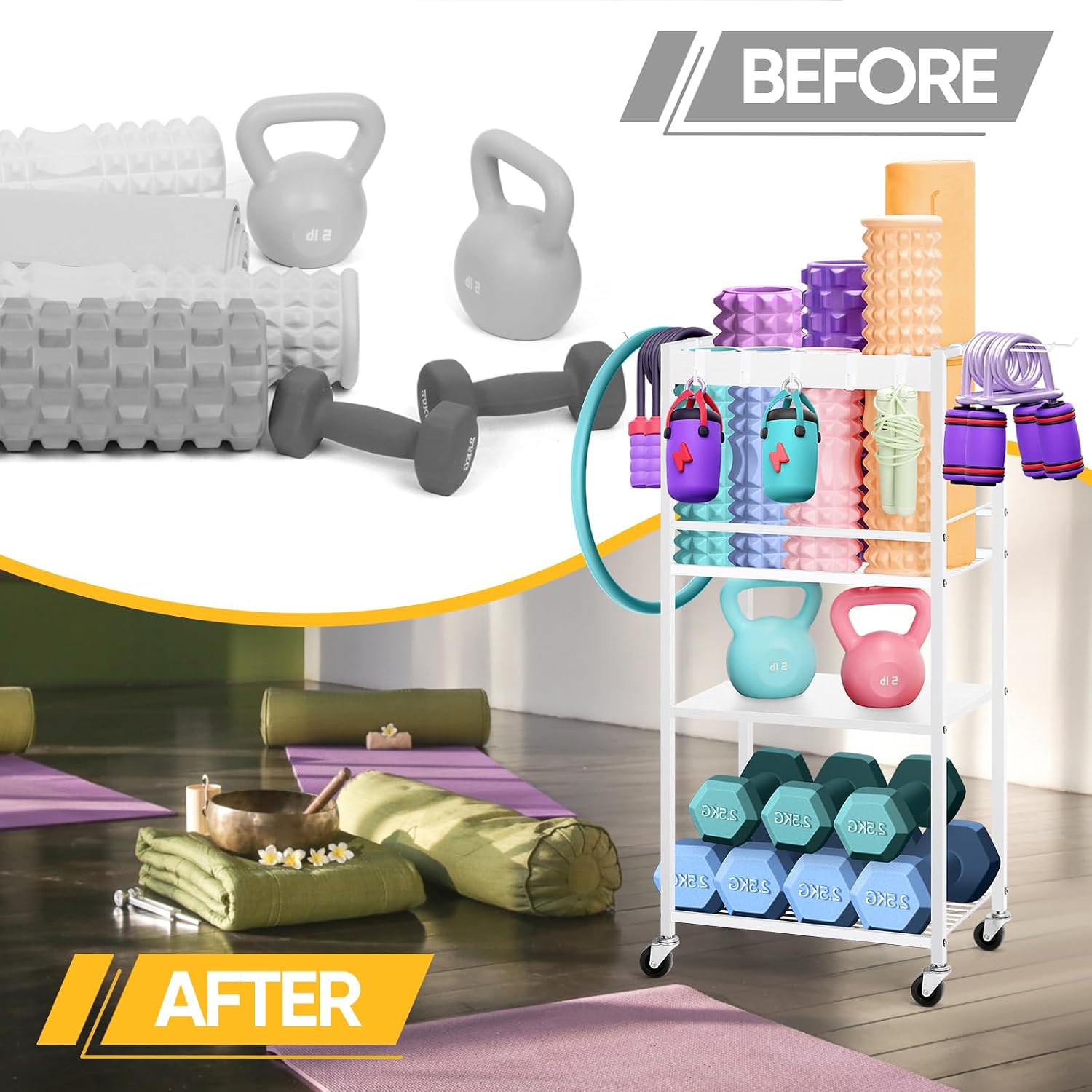 Rolling Home Gym Storage Rack with Hooks