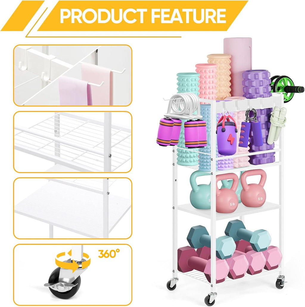 Rolling Home Gym Storage Rack with Hooks