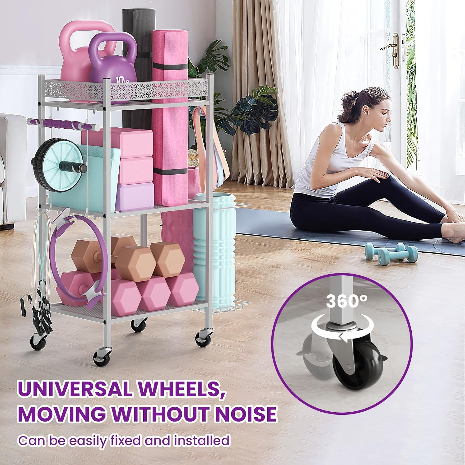 3-Tier Rolling Yoga Mat Storage Rack